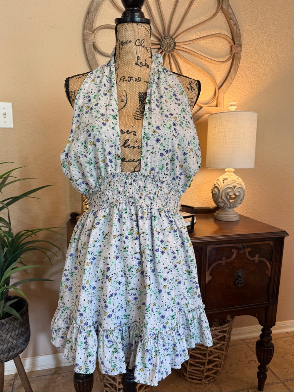 aerie Light Blue Floral Halter Dress